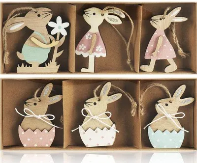 Image de Lot de 6 lapins de Pâques en bois à suspendre - Lapins de Pâques en bois pour la table et le vase de Pâques