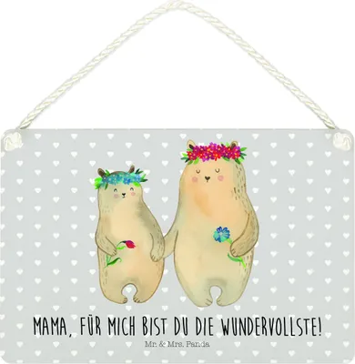 Produktbild von Mr. & Mrs. Panda Holzschild Bären mit Blumenkranz DIN A4 - Grau Pastell - Geschenk, Muttertag, wandhänger, Schild, Türschild, Mama, Family, holzbild