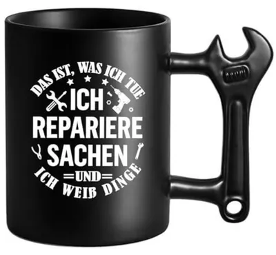 Immagine prodotto di Tazza in Vetroceramica con manico a forma di chiave inglese, con la scritta "Io Riparo le Cose", capacità 350 ml