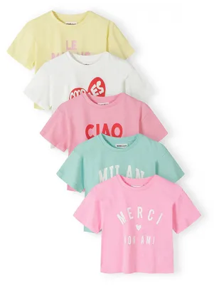 Produktbild von Minoti Mädchen T-Shirt 5er Pack 100% Baumwolle Cropped Design Neonpink Weiß Mint - Kinder T-Shirt Set mit Grafikdruck für den Alltag