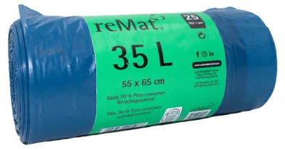 Image de Sacs de recyclage reMat de 35 litres, contenant au moins 90 % de matériaux recyclés, 625 sacs poubelle avec cordon, épaisseur 24 µm, idéaux pour les déchets résiduels, les ordures ménagères et la collecte des matières recyclables, 25 rouleaux