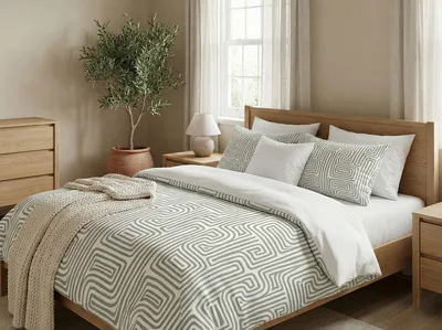 Produktbild von L'Essentiel Linge de Maison, Hochwertiges Doppelbettdeckenbezug-Set (200 x 200 cm), Salbeigrün und Weiß, 70% Baumwolle / 30% Polyester, maschinenwaschbar, mit Knopf- und Umschlagverschluss, 2 Kissenbezüge (80 x 80 cm).