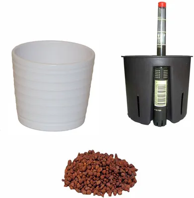 Produktbild von happy-nature Pflanzgefäß-Set, Keramik, weiß, Ø 16 cm, H 13,5 cm, 4-teilig mit Kulturtopf, Wasserstandsanzeiger, Blähton, Serie Maui, Modell 13/12, für Hydro- und Erdkultur, seidenglänzend