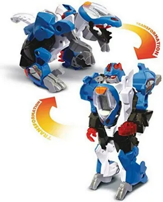 A toy robot in two different transformation stages, with arrows indicating the transformation process.