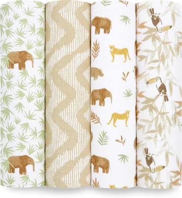 Productafbeelding van Aden + anais Essentials Tanzania Wikkeldoek - 100% katoen - Mousseline - Ademend - Voor baby's - Bedrukt - Natuur - Dieren - Savanne - 4 stuks