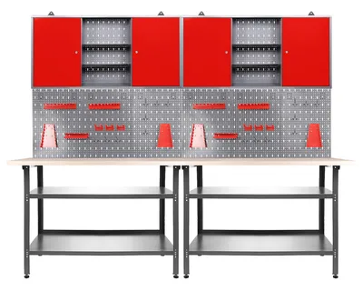 Produktbild von Ondis24 Metall Werkstatt Set 240 cm "Nobbi" rot 2x Werkbank + 2 Schränke Arbeitshöhe 85 cm abschließbar höhenverstellbare Füße Arbeitsplatte Holz Werkstatteinrichtung Packtisch Werktisch Werkstatttisch Montagewerkbank Hängeschrank Werkzeugschrank Werkstattschrank Werkzeugwand Werkstattwand Werkzeughalter Lochblech Lochwand