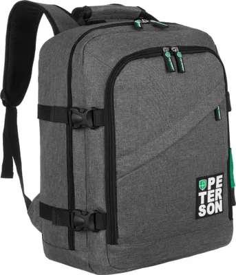 A gray backpack shown from a three-quarter side view against a light gray background.