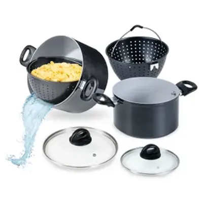 Produktbild von Genius Cerafit Magic Pot Kochtopf-Set 6tlg. 20cm + 24cm - Topf 3,7l + 6,3l mit Siebeinsatz & Glasdeckel für Kochen, Abgießen & Servieren; A81972