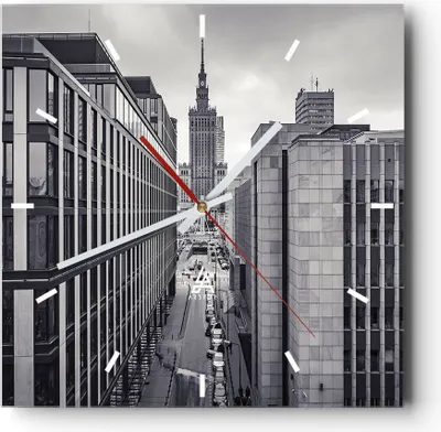 Produktbild von Wanduhr - Quadrat - Glasuhr - Warschau Palast Kultur - 40x40cm - Schleichendes Uhrwerk - Lautlos - zum Aufhängen bereit - Dekoration Modern - Wanddekoration aus Glas - C3AC40x40-4382