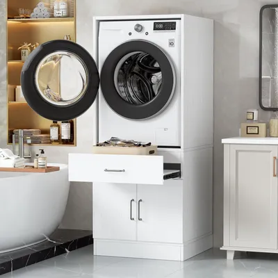 Produktbild von Waschmaschinenumbauschrank für Waschmaschine & Wäschetrockner mit Ausziehbrett, Waschmaschine Trockner Schrank, verstellbare Füße, 162*68cm