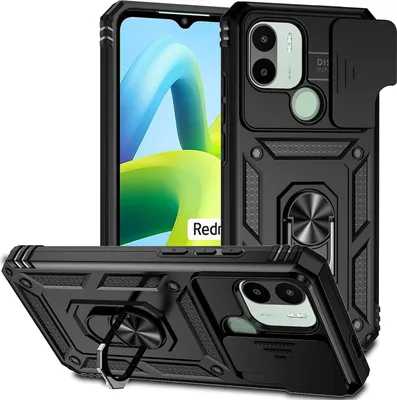 Produktbild von Redmi A1+ Hülle mit Schiebe Kamera Schutz und Ringhalter Ständer Robust Rüstung Schutzhülle für Xiaomi Redmi A1 / A1+ Schwarz