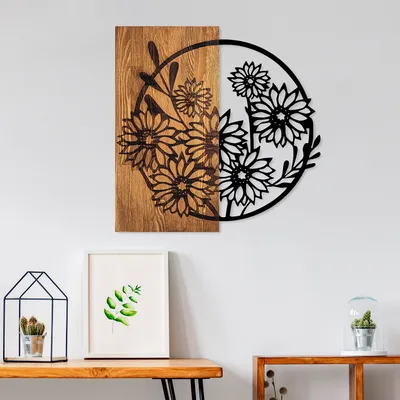 Image de Wallity, Flowers 1, Accessoire mural décoratif en bois, 100 % BOIS / MÉTAL, noyer, 57 x 57 cm