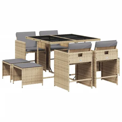 Produktbild von vidaXL 9-tlg. Garten-Essgruppe mit Kissen Beigemischung Poly Rattan
