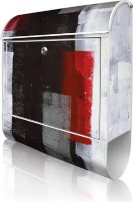 Produktbild von banjado Design Briefkasten Stahl weiß mit Zeitungsfach pulverbeschichtet "Abstrakt Rot" 38x46x12,5cm & 2 Schlüssel - Postkasten A4 Einwurf inkl. Montagematerial [BKW 11556]