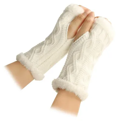 Immagine prodotto di Guanti senza dita da donna, invernali, in pile con foro per il pollice, colore bianco