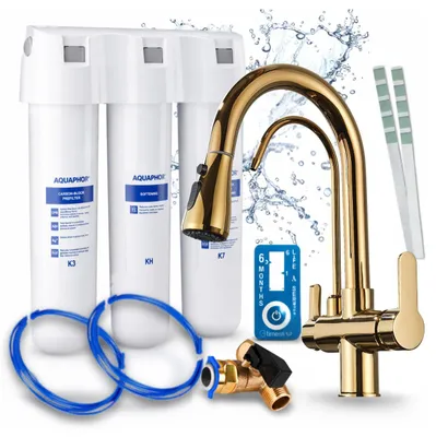 Immagine prodotto di Rubinetto da cucina a tre vie Nordic, in ottone, con doccetta estraibile. Include il sistema di filtraggio dell'acqua Aquaphor Kristall H