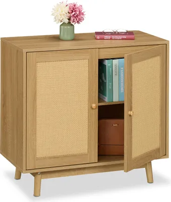 Obrázek produktu pro Komoda Relaxdays, 2 přihrádky, vzhled ratanu a dřeva, VxŠxH: 75 x 80 x 40 cm, obývací pokoj, kuchyně, odkládací skříňka, přírodní