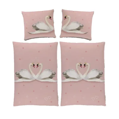 Produktbild von Partner Bettwäsche Set 4tlg. | 135x200 80x80 | Flanell Bettwäsche mit Reißverschluss | Rosa verliebte Schwäne