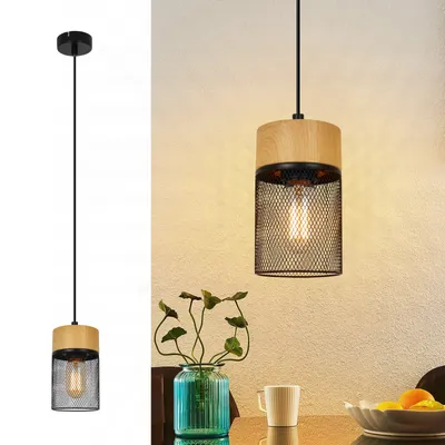 Immagine prodotto di ZMH lampada a sospensione vintage lampada a sospensione tavolo da pranzo 1 fiamma lampada a sospensione nero reticolo legno grano soggiorno sala da pranzo lampada industriale E27 lampada presa MAX.40W tavolo da pranzo lampada per cucina bar corridoio