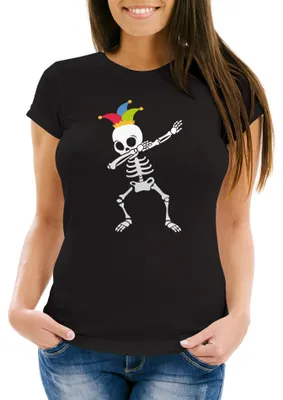 Produktbild von Damen T-Fasching Karneval Dabbing Skelett Kostüm Verkleidung Faschingskostüme Frauen Funshirt Moonworks® schwarz 3XL