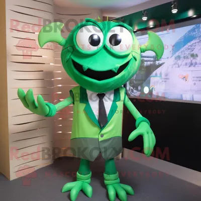 Productafbeelding van Green Crab mascotte REDBROKOLY kostuum karakter gekleed met een vest en dasspelden