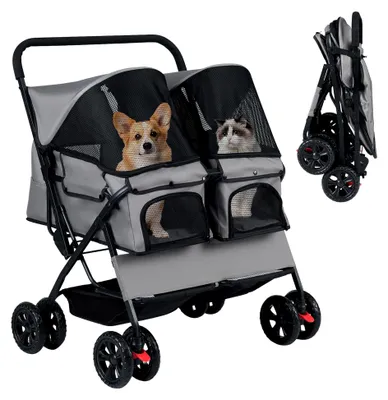 Produktbild von Hundewagen Doppel, faltbarer Hundebuggy für 2 Hunde und Katzen, Haustier Kinderwagen mit verstellbarem Sonnendach, Korb & Polster, klappbare Hundebox