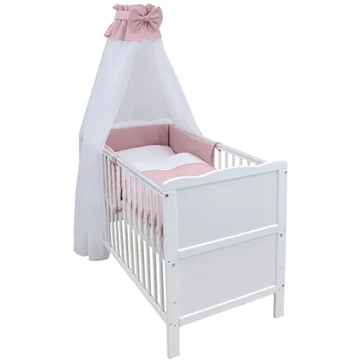 Produktbild von Baby-Delux Babybett Kinderbett Jack Umbaubar 140x70 Weiß Beißschienen Bettset Komplett Waffelpique Musselin Rosa