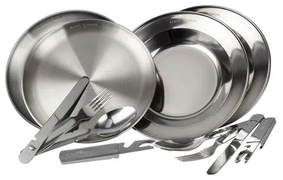 Produktbild von Edelstahl Teller Set - flach & tief mit Campingbesteck - robustes Essteller-Set für Outdoor, Camping, Trekking & Picknick 2 Personen-Set