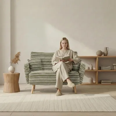 A woman is sitting on a sofa reading a book in a well-lit room.