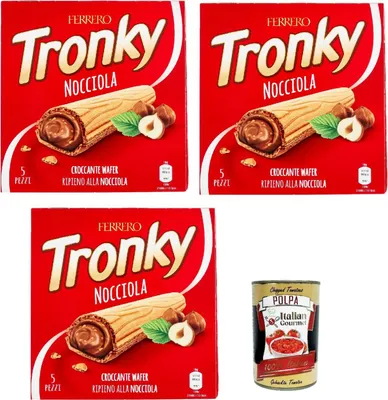 Produktbild von Tronky Riegel Haselnuss Schokoriegel kekse kuchen schoko waffeln, wafer chocolate bar, 3x 90g + Italian Gourmet polpa 400g