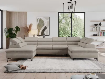 Produktbild von Wohnzimmersofa mit Schlaffunktion, U-form, verstellbare Kopfstützen, Bettkasten - PEDRO U - Velvet - Beige