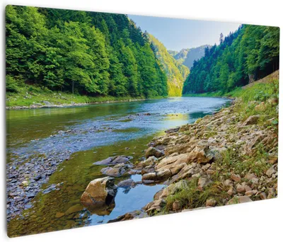 Produktbild von Wallario Premium Leinwandbild Fluss in den Bergen an steinigem Ufer in Größe 60 x 90 cm