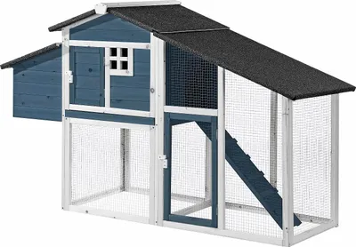 Produktbild von Hühnerstall aus Holz mit Freilaufgehege - für 4 Hühner - 173 x 64 x 108 cm - Blau & Weiß - LEVAS