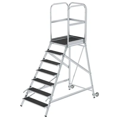 Produktbild von Günzburger Steigtechnik Podesttreppe einseitig begehbar mit Rollen & Griffen Korrundbeschichtung R13 7 Stufen - 055107