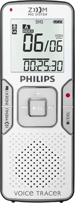 A white Philips Voice Tracer digital voice recorder is shown against a white background.