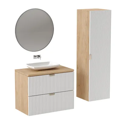 A modern bathroom vanity set with a sink, mirror, and cabinet.
