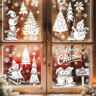 Produktbild von Raumsticker Set weiße Weihnachtsbäume und Schneemann, wiederverwendbar, für Fenster