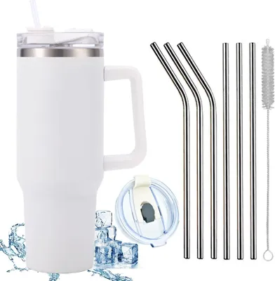 Image de Tasse isotherme en acier inoxydable de 1 200 ml avec poignée, 40 oz, à double paroi, tasse de voyage, tasse pour voiture, avec paille et couvercle anti-fuites, blanche, lot de 9, 40 oz
