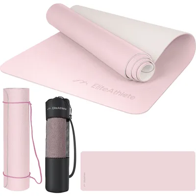 A pink yoga mat is shown in various states: unrolled, rolled up, and in a carrying bag. The image also includes a separate flat yoga mat.