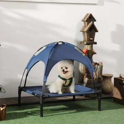 Produktbild von Hundebett outdoor erhöht mit Baldachin, Hundeliege Stahlrahmen Oxford-Netzstoff, Dunkelblau+Schwarz | 61x46x62 cm | 18 cm Bodenabstand | klappbar