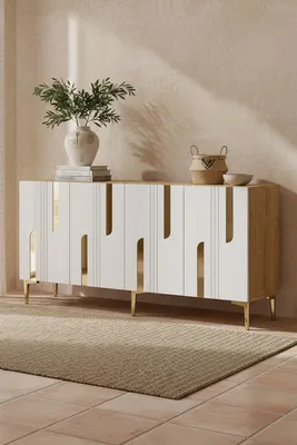 Produktbild von Skye Decor, Hochwertiger Konsolentisch (3-teilig) in Weiß & Gold, 150 cm | 100% Melamin
