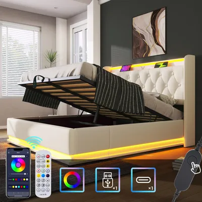 Produktbild von Flieks Polsterbett 140x190cm mit Ladefunktion (USB&Typ-c), Jugendbett Doppelbett Stauraumbett mit LED, Hydraulisches Boxspringbett, PU, Weiß