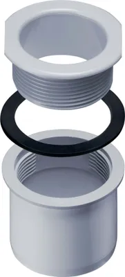 An exploded view of a PVC drain fitting assembly, showing a threaded flange, a gasket, and a base piece.