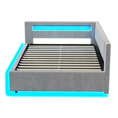 Produktbild von Flieks Hydraulisches Polsterbett 140x200cm mit USB, Tagesbett Schlafsofa mit LED, Doppelbett Jugendbett mit Stauraum, Samt, Hellgrau