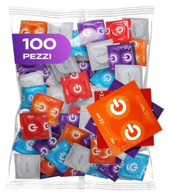Immagine prodotto di ON) Mix di preservativi | 100 Pezzi | Preservativi premium 7 tipi & dimensioni con larghezza 54 mm | 20x extra sottile, naturale & a puntini | 10x extra forte, con fragola, banana, cioccolato