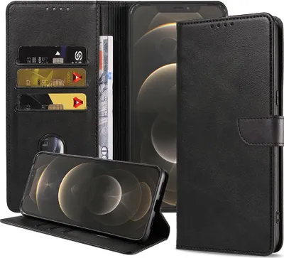 Produktbild von Fit für iPhone 12 Pro Max Handytasche Kunstleder mit magnetischer Lippe und Kartenhalter Buchhülle mit Klappe - Schwarz - Smartphonics