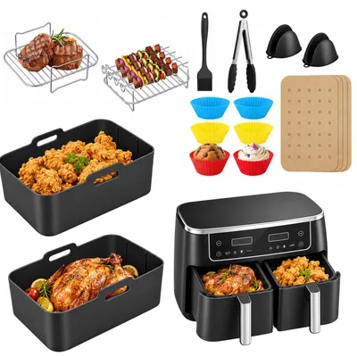 Produktbild von 19-tlg. Heißluftfritteuse Zubehör Set für Ninja AF300EU AF400EU, mit 2 Silikonformen, Grillrost, Spießen, Backpapier & Küchenzubehör