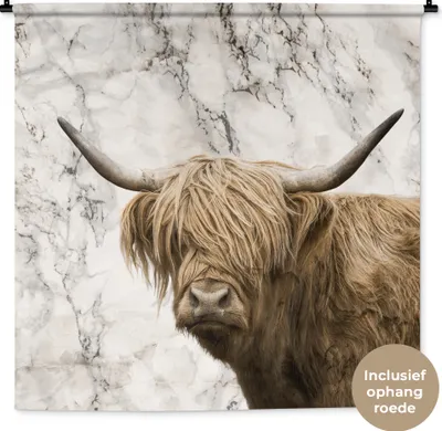 Produktbild von MuchoWow® Wandteppich Wandbehang Schottisches Hochlandrind - Marmor - Tiere 150x150 cm Tapisserie Dekoration Wandtuch - Wohnaccessoires - Modernes