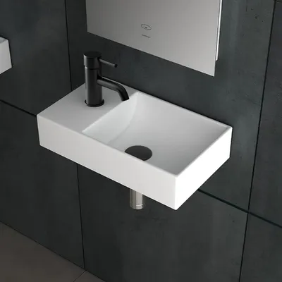 Produktbild von Alpenberger Kleines Waschbecken Eckig | Hängewaschbecken WC | Waschplatz Lösung Klein I Keramik Handwaschbecken fürs Badezimmer & Gästeklo | Designer Mini Badwaschbecken
