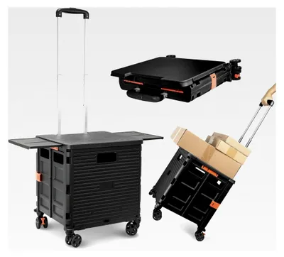 Produktbild von Einkaufstrolley mit 360°-Rollen, tragbare Sackkarre, klappbarer Einkaufskorb mit einziehbarer magnetischer Tischabdeckung, klappbare Boxen, stabil bis 55 kg, Transportwagen mit Deckel - Schwarz